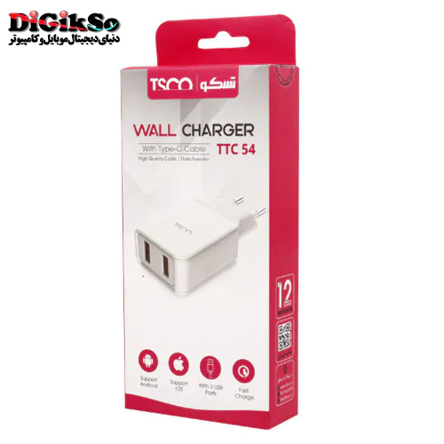 شارژر دیواری دو پورت Qualcomm تسکو مدل TTC 54 با کابل تایپ سی